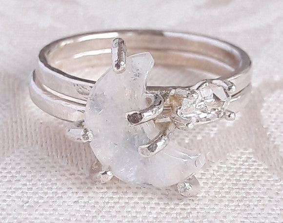 Sterling Silver Crescent Moon and Star Stacking Ring Set