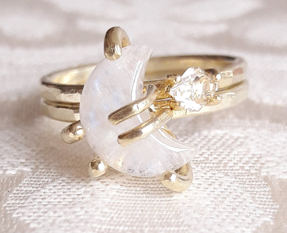 Solid Gold Moon and Star Stacking Ring Set